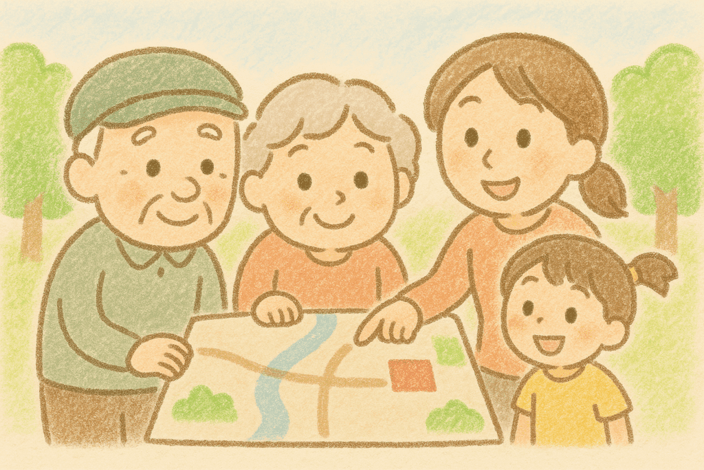 認知症と防災の備えの為の避難ルート確認しているイラスト