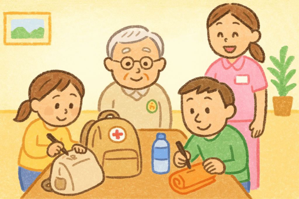 家族と輪になって避難準備しているイラスト
