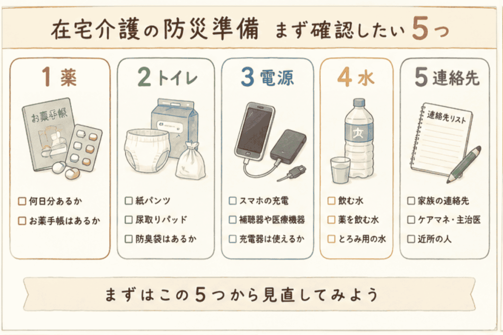 在宅介護の防災準備で確認したい薬・トイレ・電源・水・連絡先の5項目