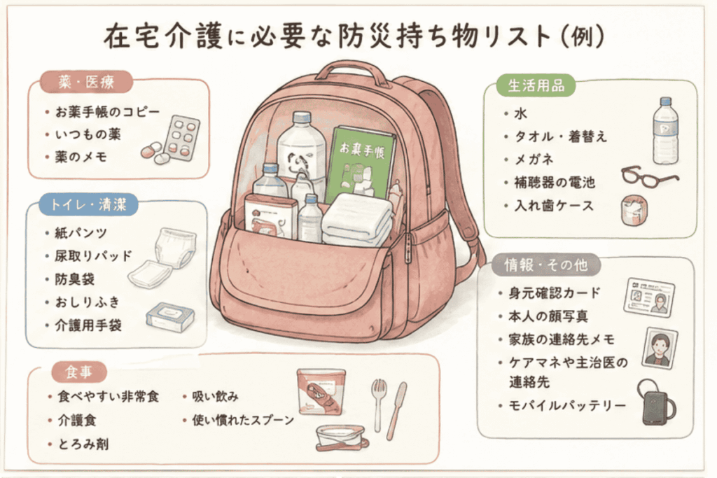 在宅介護の防災持ち物リストを薬・トイレ用品・生活用品・食事に分けて整理した図