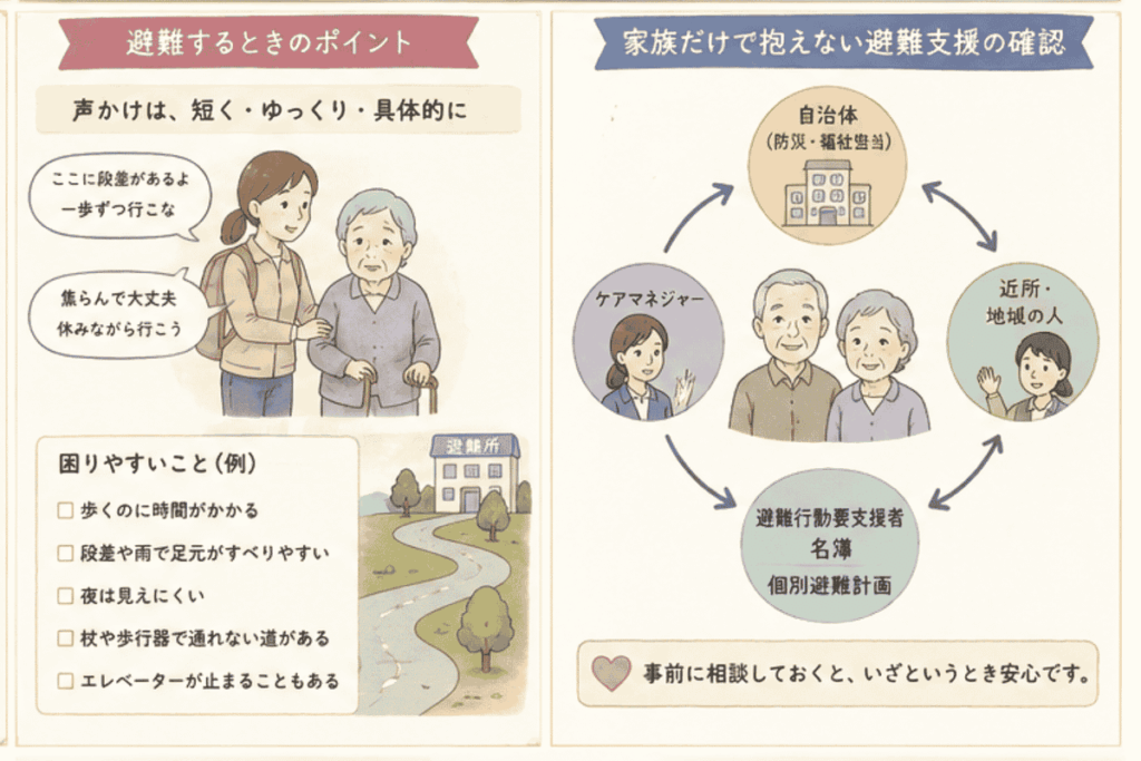高齢の家族と避難するときの声かけと避難支援を確認する在宅介護の防災図解