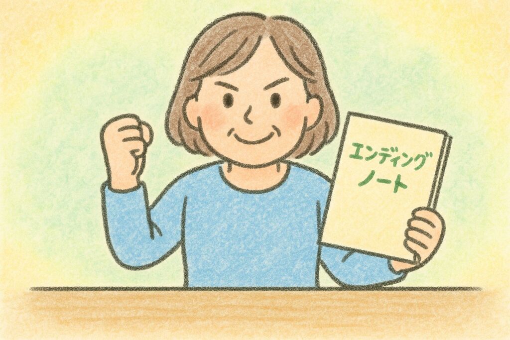 エンディングノートを持ち右手を拳にしている女性の絵