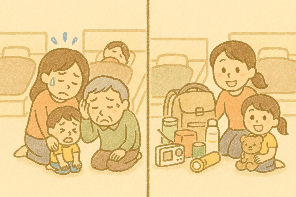 避難時に備えてい要る家族と、備えていない家族のイラスト