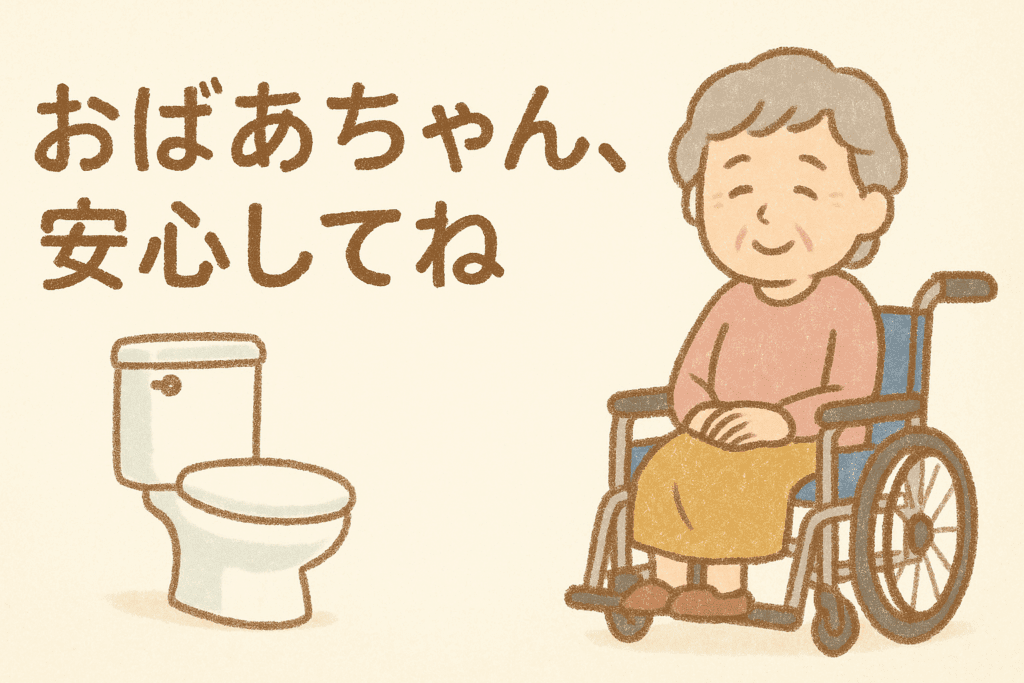 「おばあちゃん、安心してね」のタイトルと災害時のトイレ対策をイメージした、車いすに座る高齢者と洋式トイレのイラスト