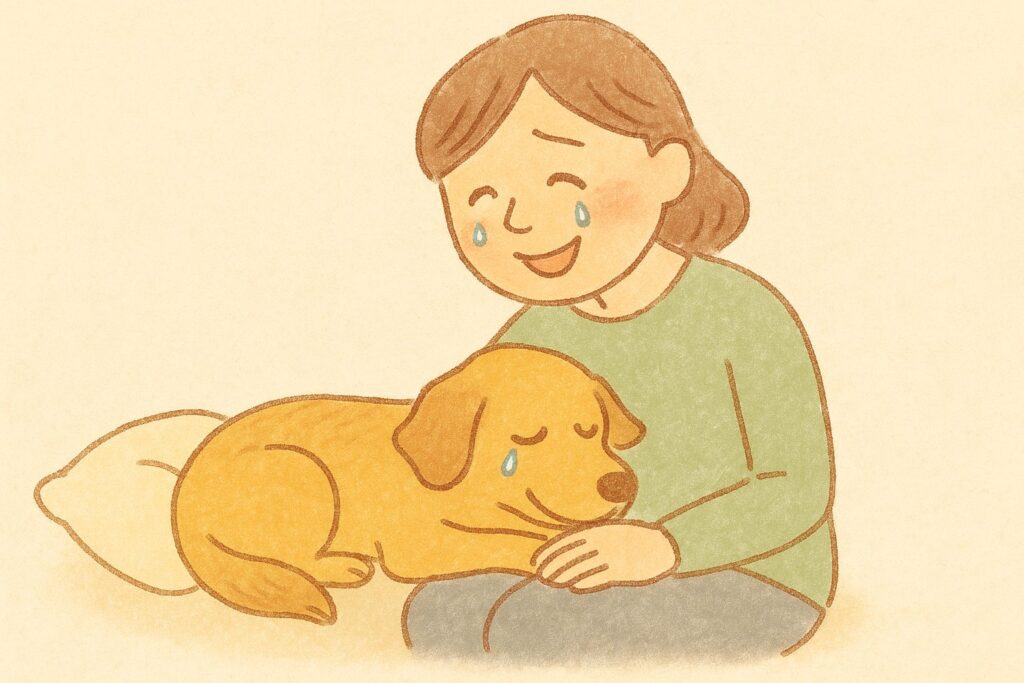 ペットを膝の上でみおくっている女性のイラスト