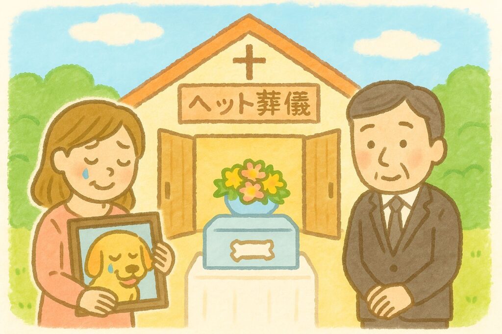 教会でペットの葬儀で左に女性が猫の遺影を持っている。真ん中に棺、右に葬儀会社の男の人が経っているイラスト