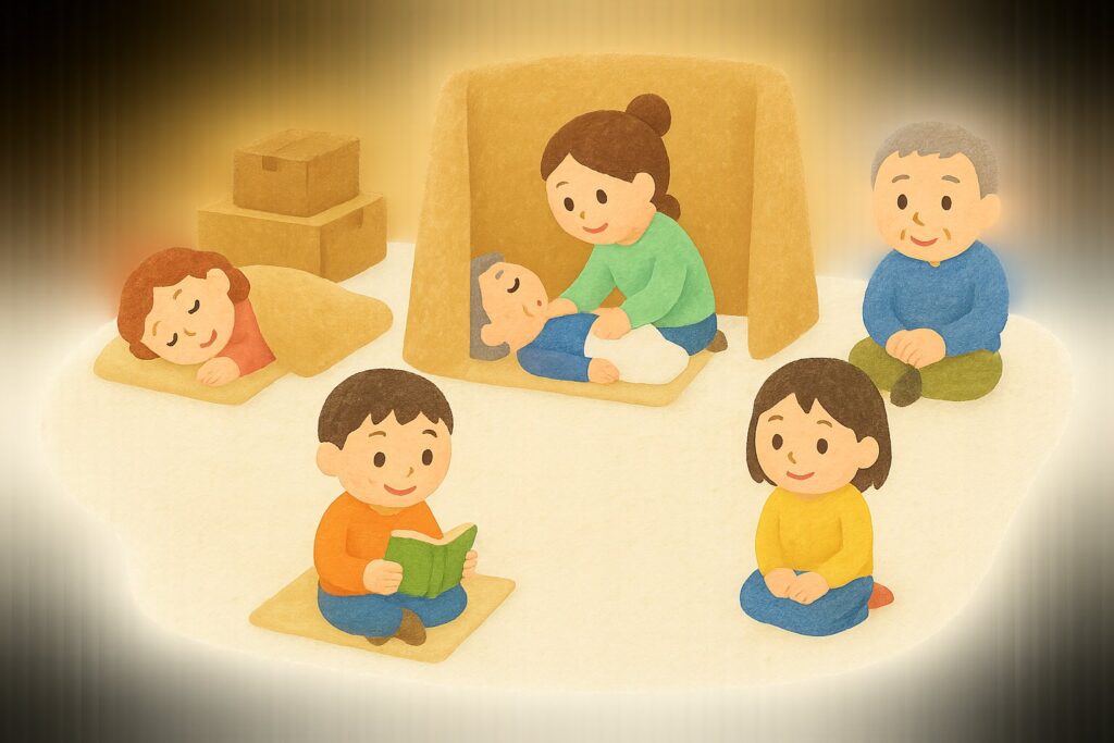避難所の中で毛布で衝立し老人のオムツ交換しているイラスト。周りには人がいる。