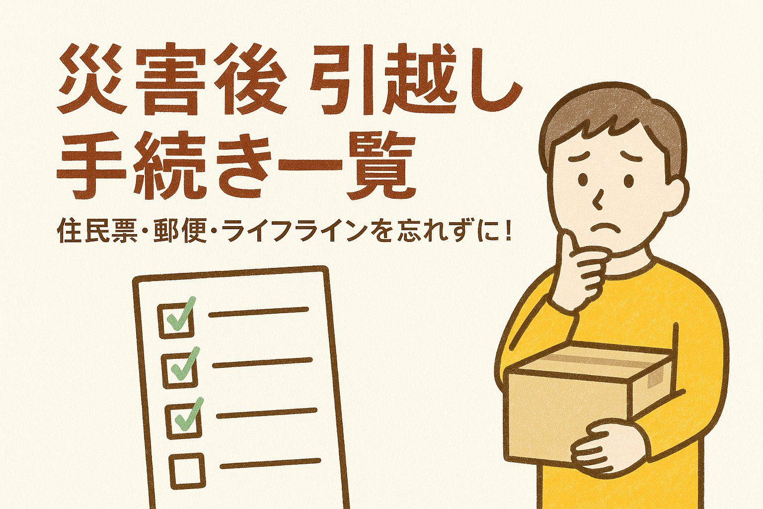 災害後 引越し 手続きのイメージイラスト｜住民票・郵便・ライフラインのチェックリスト