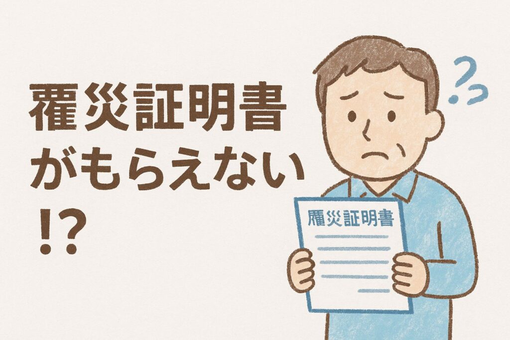 罹災証明書がもらえない」と困る男性のイラスト。手続きカテゴリ向けアイキャッチ画像。