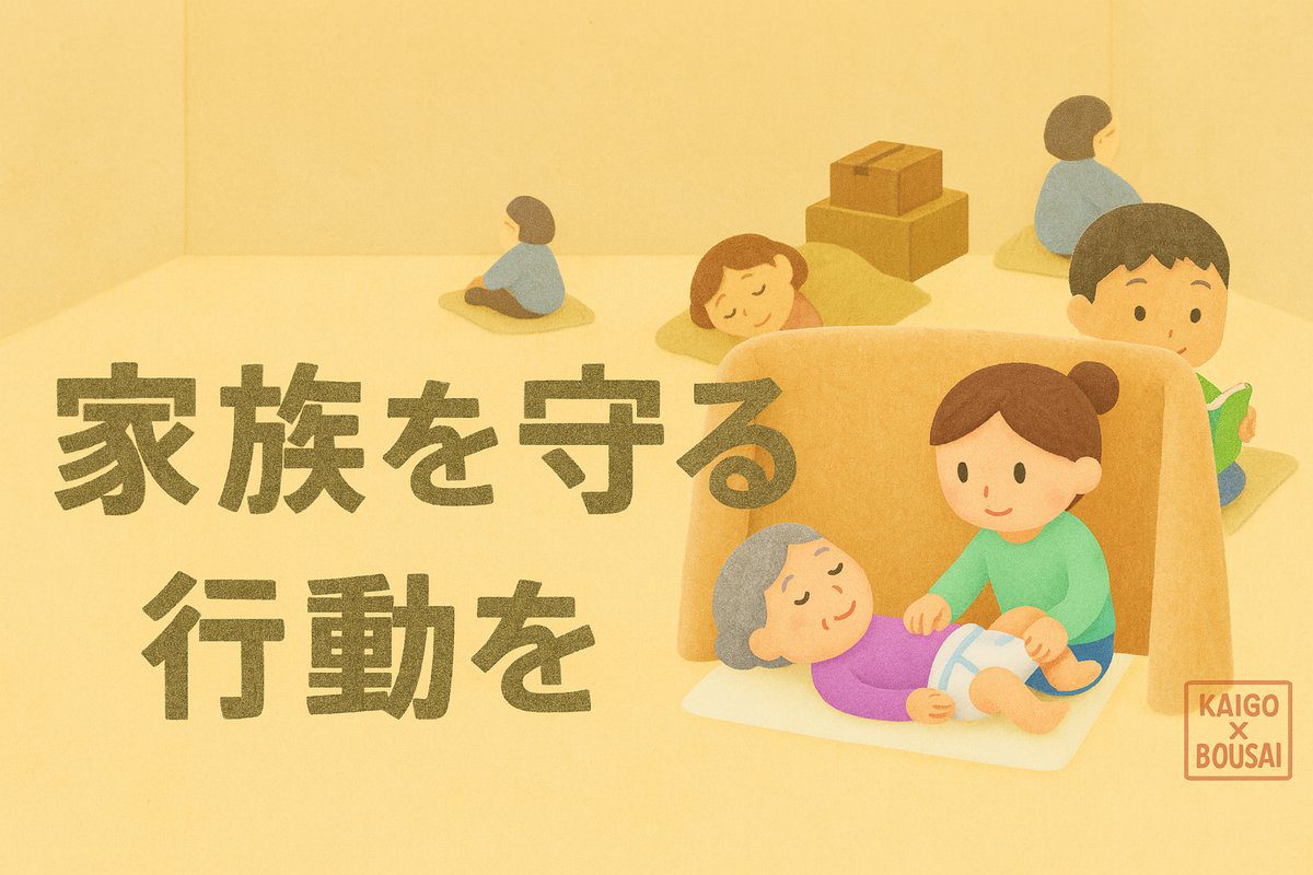 避難所で衝立をし寝たきりの老女のオムツ交換しているイラスト