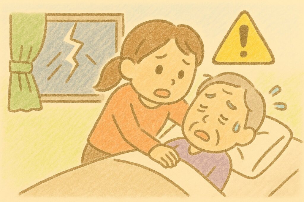寝たきりの老人を介護する女性。災害で的ガラスが割れている。