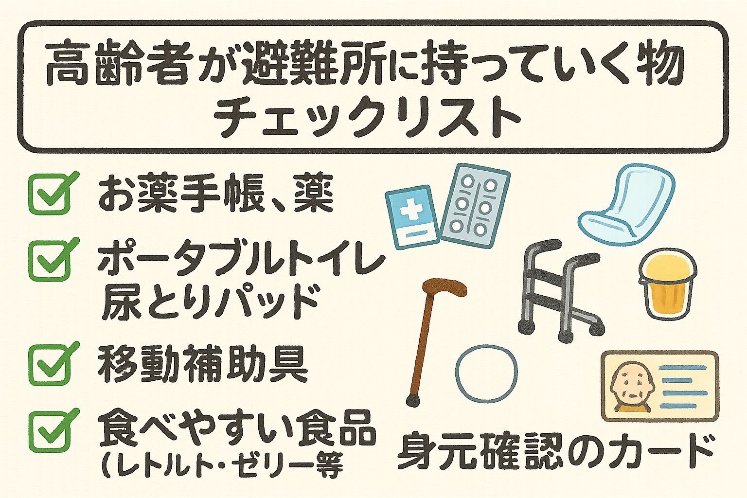 高齢者が避難所に持って行くものチェックリストのイラスト