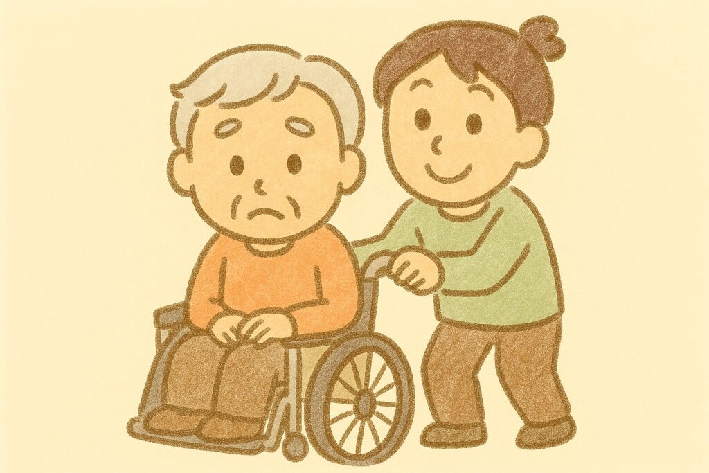 娘さんが高齢者の車いすを押しているイラスト
