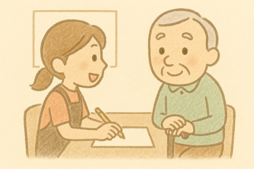 窓口で書類聞き取り、提出しているイラスト