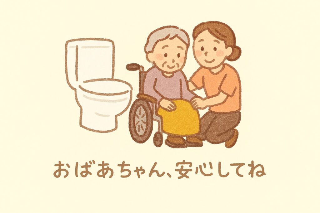 車いすに座るおばあちゃんを介助する女性介護士。そばにはトイレがあり、『おばあちゃん、安心してね』という優しいメッセージ付きのイラスト。