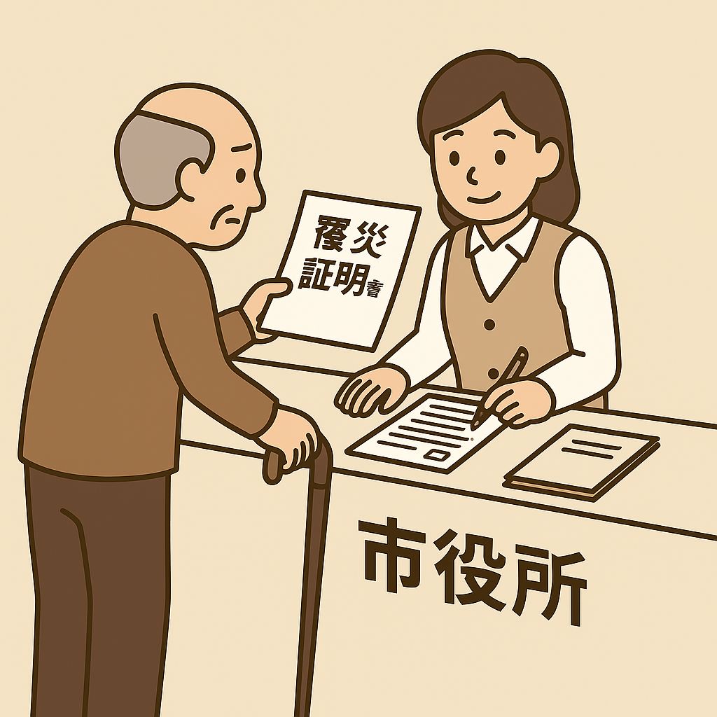 おじいさんが市役所に罹災証明を提出するイラスト