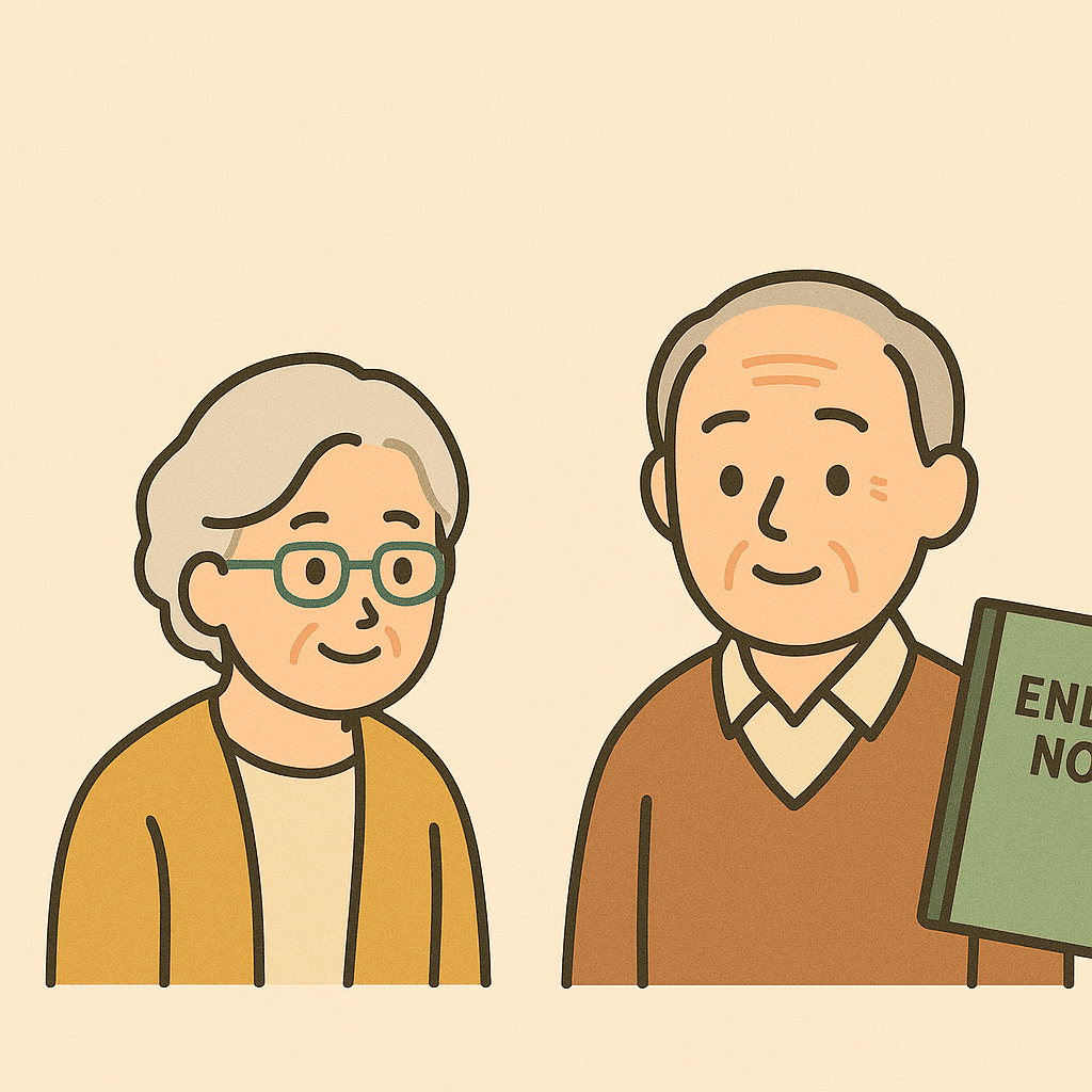 老夫婦が向かい合っているイラスト