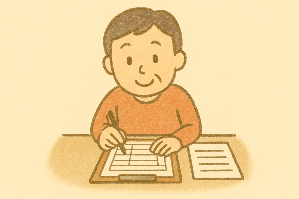 書類に記録している男性のイラスト
