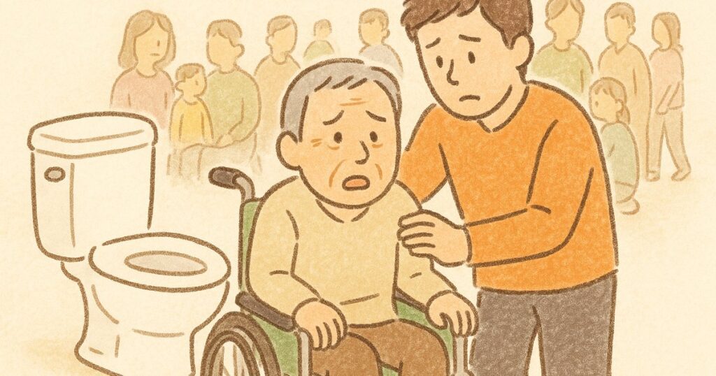 避難所でトイレに困っている車いすの高齢者と、それを支える介護者のイラスト