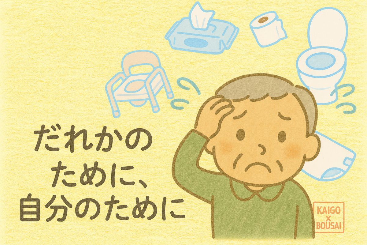 認知症の人がトイレの事で混乱しているイラスト。「だれかのために、自分のために」と書かれている。