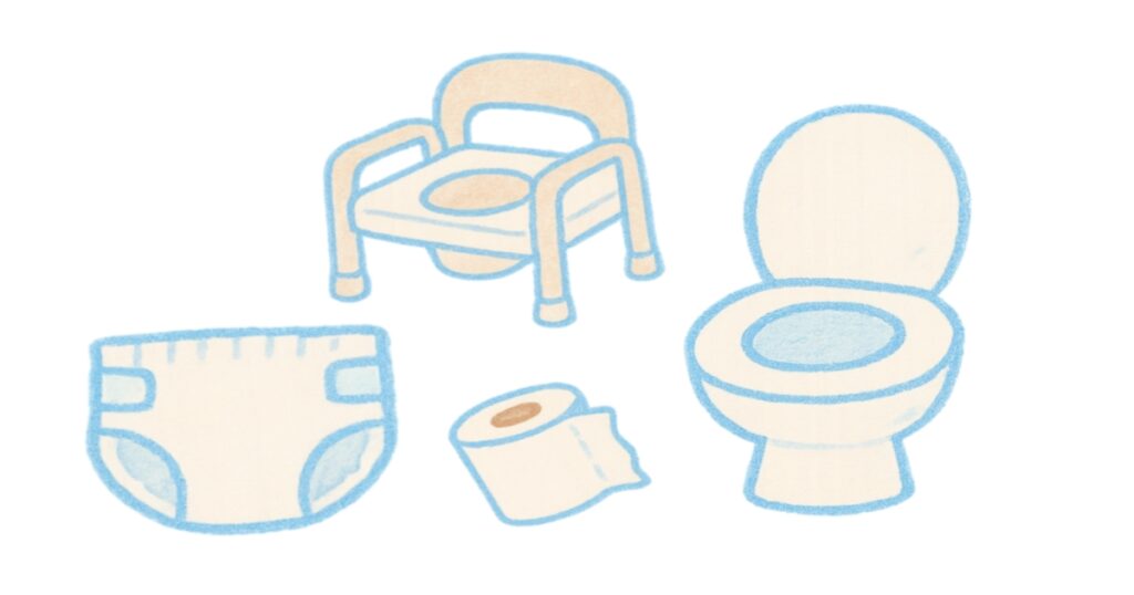 オムツ、ポータブルトイレ、トイレットペーパー、洋式トイレのイラスト