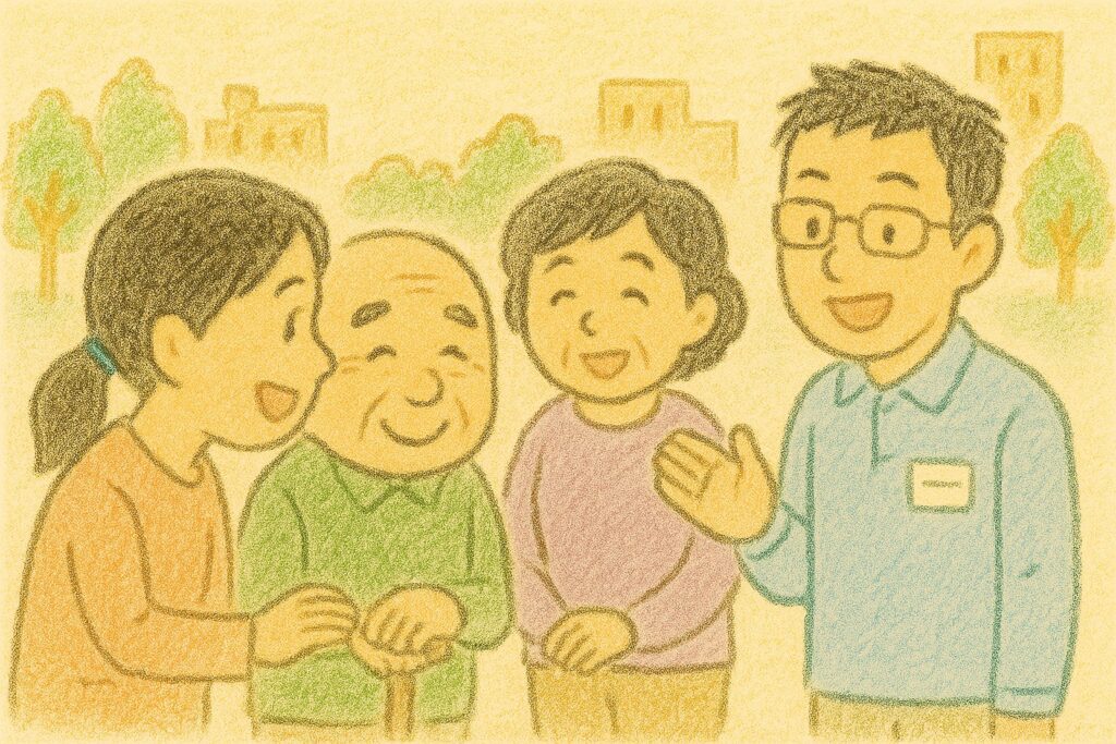 四人輪になって避難経路を説明しているイラスト