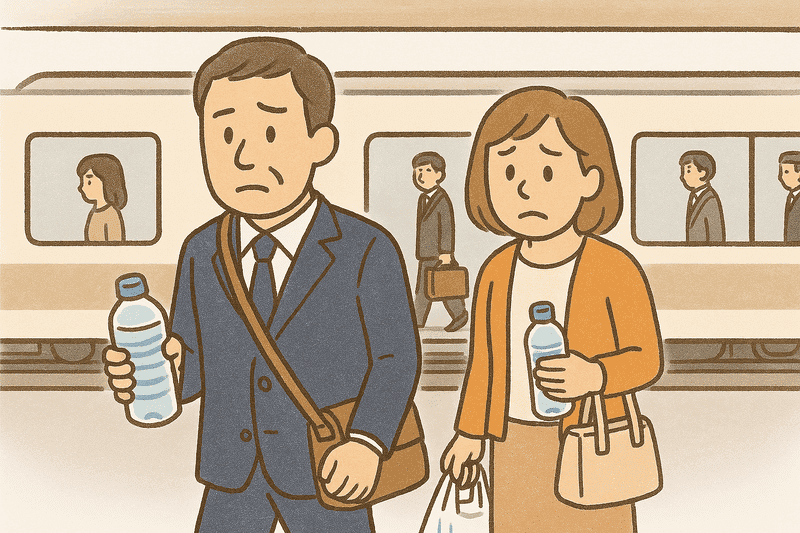 通勤時、他の地域では普通の暮らしをしていて震災にあった人は断水などで水を買って帰るイラスト