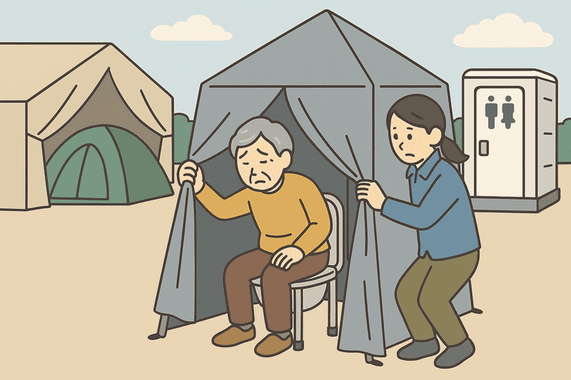 安心してトイレ出来る空間を準備するが不安そうな老人のイラスト
