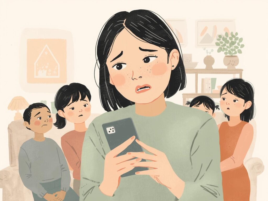 おかあさんのスマホに家族からLINEが届いた絵本風イラスト