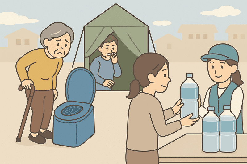 災害時に水の配給を受けているが、トイレに行けない不安から水分を控えている高齢者のイラスト