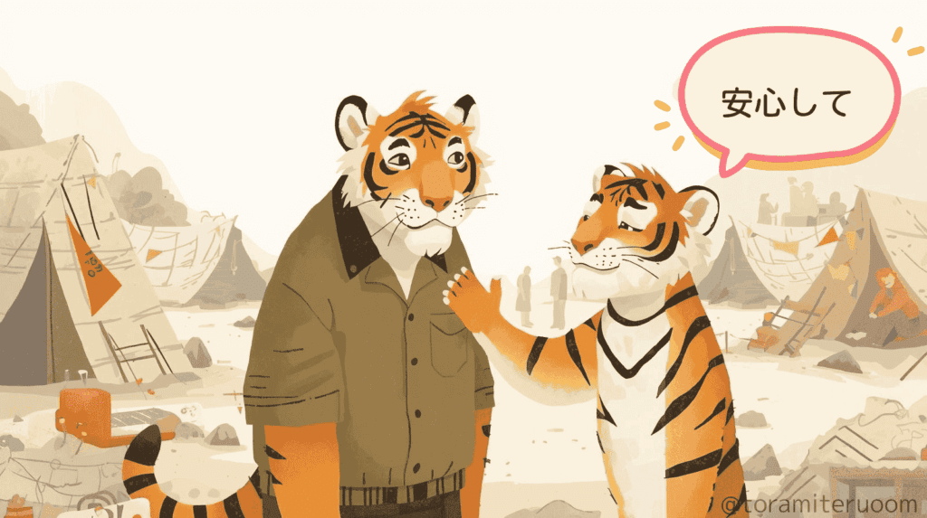 認知症の老トラに優しく声をかけて安心させる若いトラのイラスト
