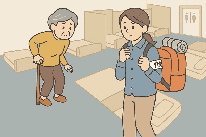 オムツを交換できる場所に来た老人と介護者のイラスト