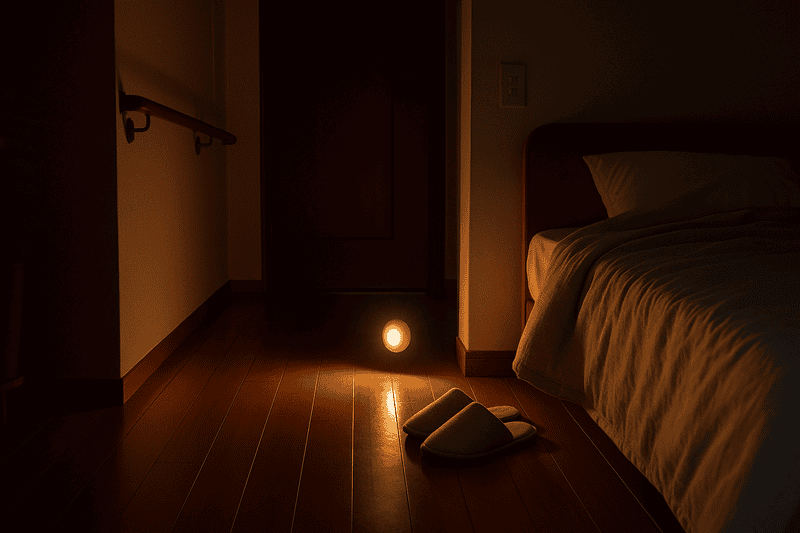 在宅介護のトイレ支援に役立つ夜間センサーライト。暗い廊下で足元をやさしく照らすイメージ。

