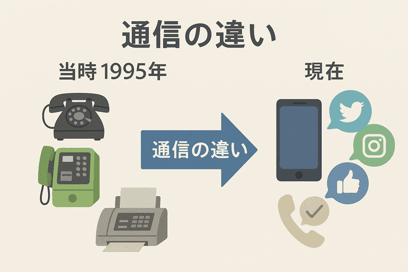 阪神淡路大震災 体験記 当時の通信手段と現在の通信手段を比較する防災教育用イラスト