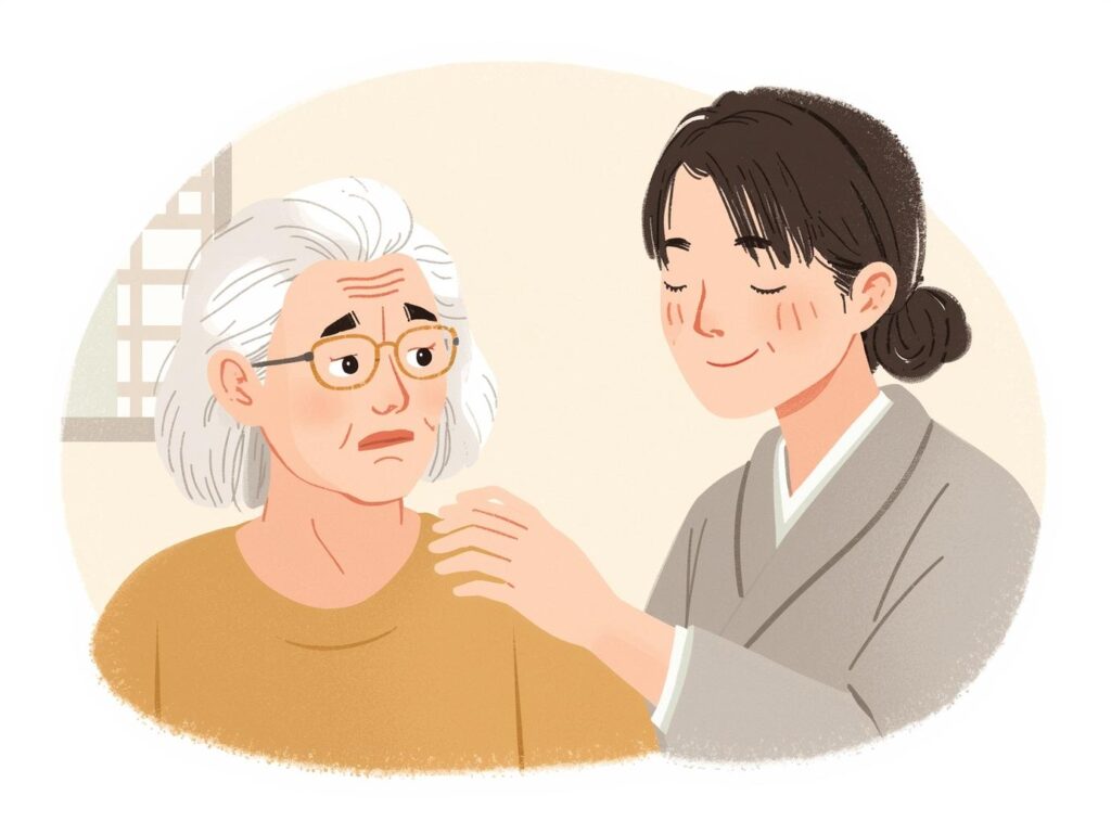 介助者が高齢者にやさしく声をかけ安心させている防災支援のイラスト