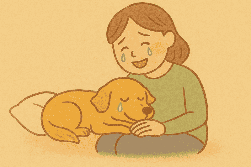 災害時にペットと高齢者が避難する中、飼い主が犬に「ありがとう」と伝える最期のシーン