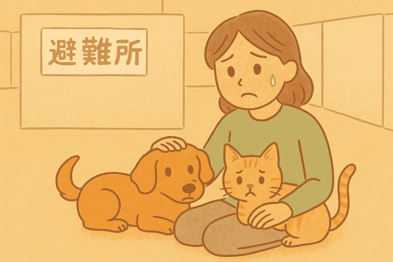 災害時に高齢者がペットと避難し、多頭飼いの犬や猫と一緒に過ごす様子