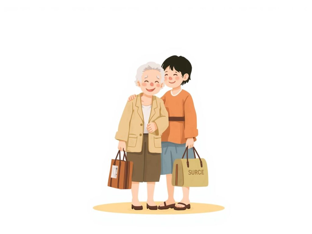 避難袋を手にして高齢の親と家族が安心して寄り添う防災準備のイラスト