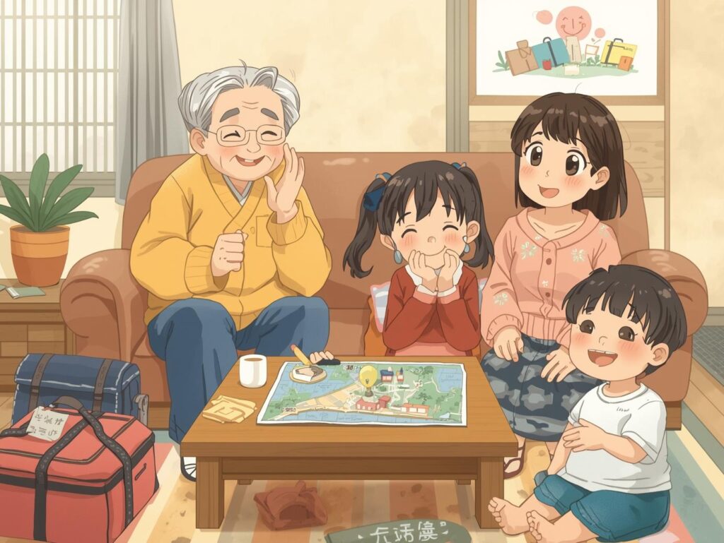 災害に備えて家族が避難袋を前に話し合っている防災準備のイラスト