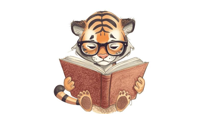 エンディングノートを書こうと本を読んでいるトラのキャラクターイラスト