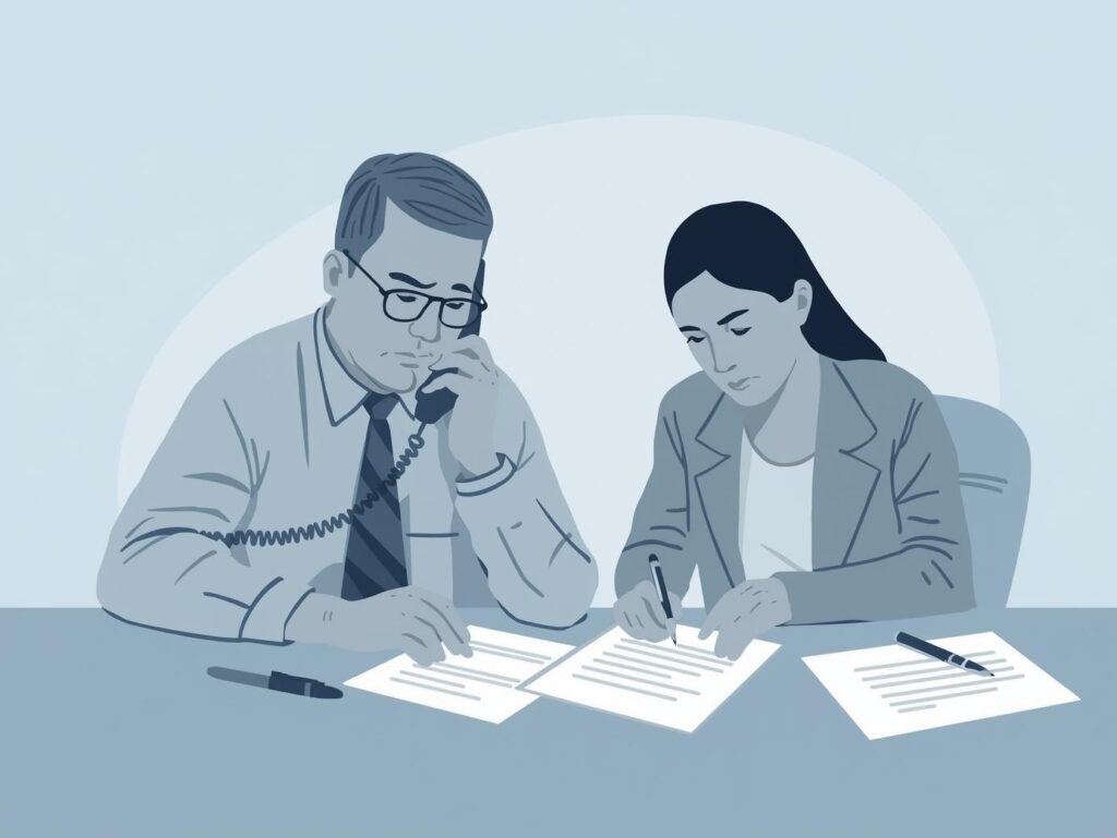家族が亡くなった後に役所へ電話で連絡している人物のイラスト（死亡時の手続き）
