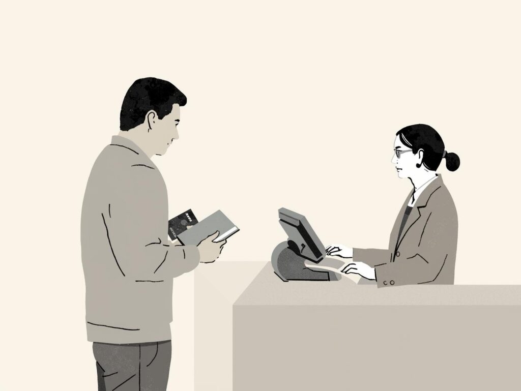 銀行窓口で通帳やカードを持ち、名義変更や解約をしている人物のイラスト（名義変更・解約手続き）