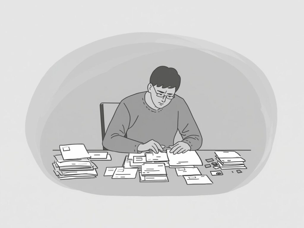 年金や保険の書類を机で確認している人物のイラスト（年金・保険の手続き）