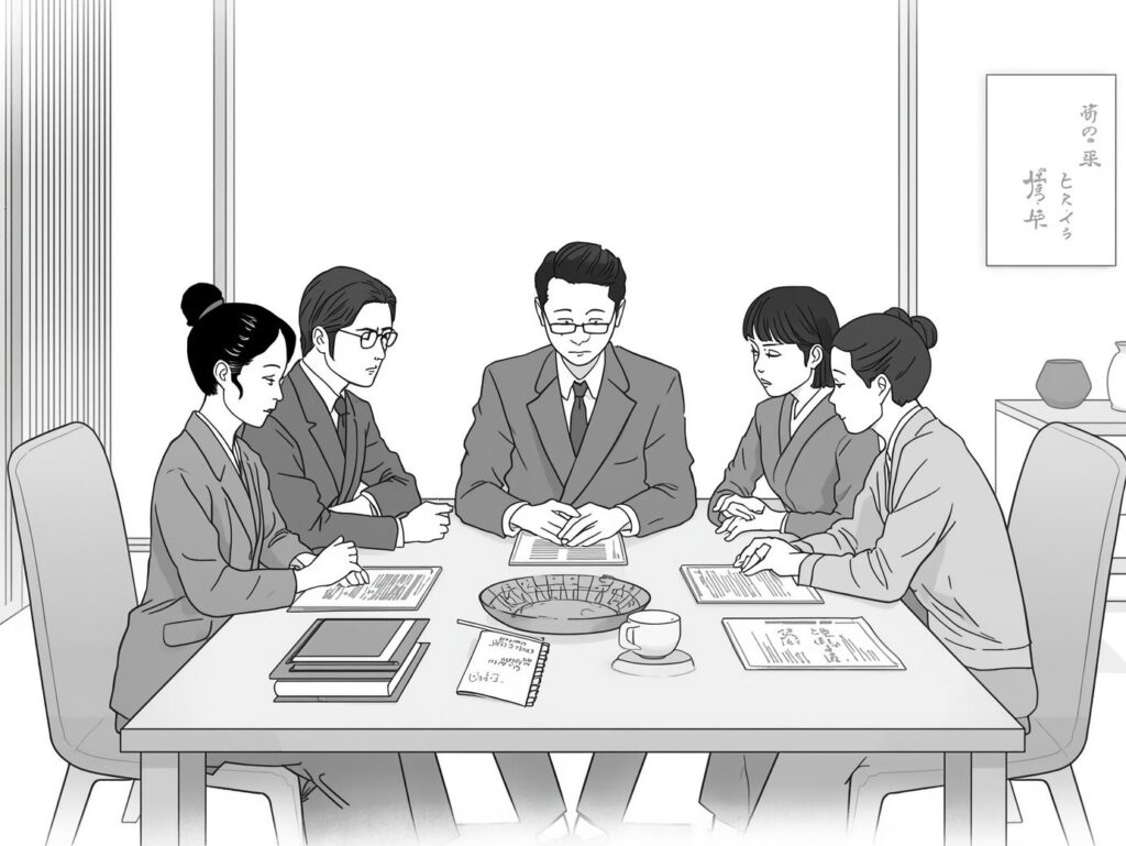家族が机を囲み、相続や遺産整理について話し合っているイラスト（相続手続き）