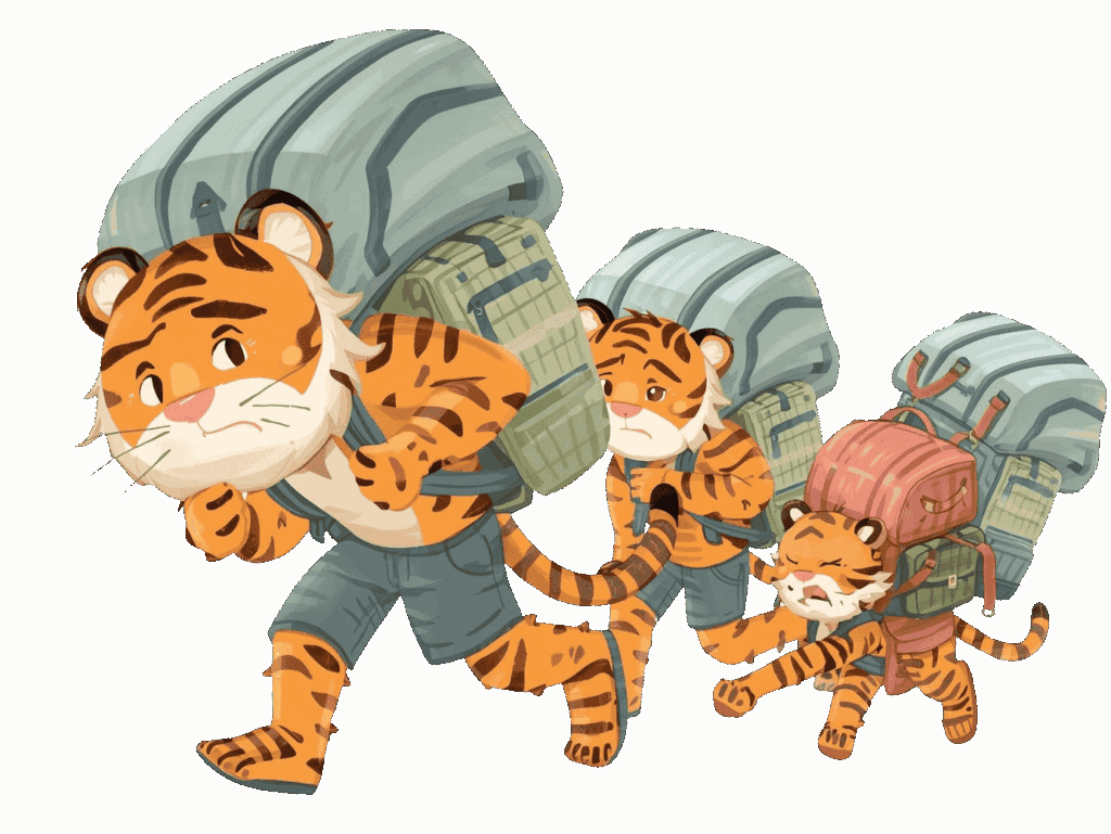 トラが重い荷物を背負ってしんどそうに避難しているイラスト