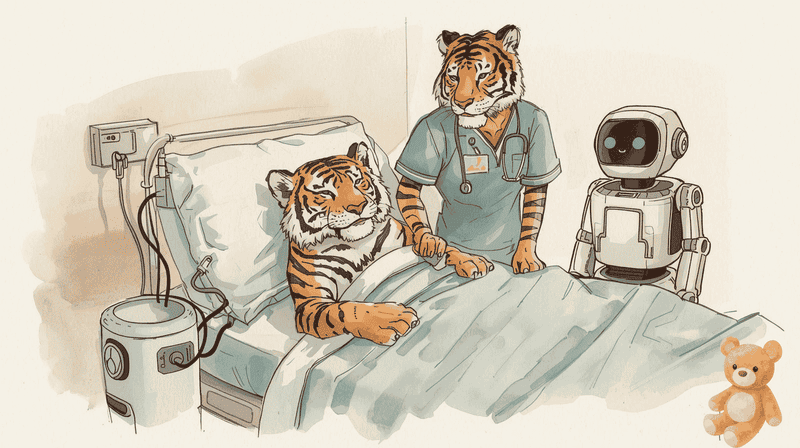 AIロボットが介護ベッドで休むトラを見守るイラスト（自動排泄支援のイメージ）
