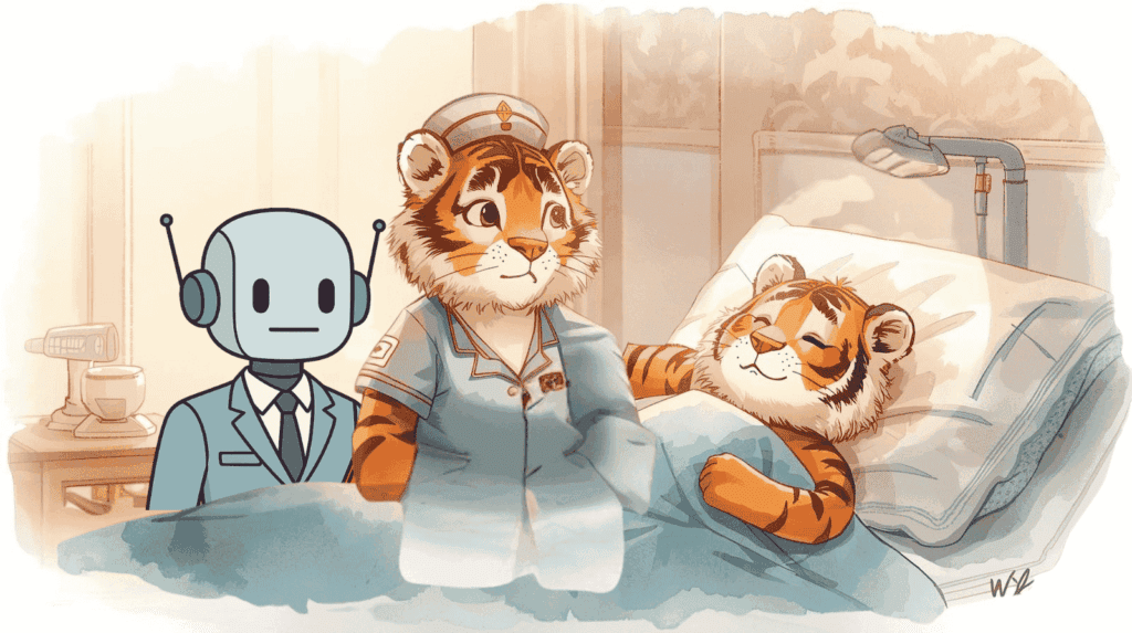 ベッドで休む高齢者のそばで看護師とAIロボットが見守る様子