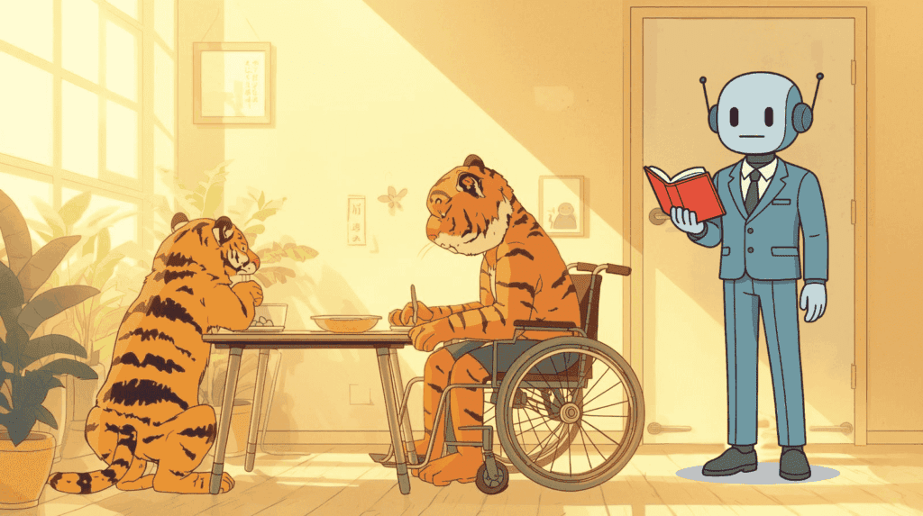 車いすに座る高齢者の食事をトラの介護者とチャット先生が見守る様子