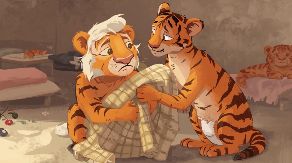 避難所でオムツ交換を介助する髪の毛のない若いトラと恥ずかしそうな老女トラのイラス