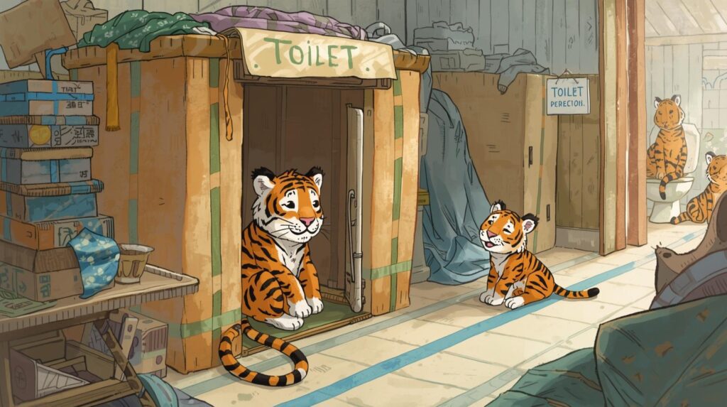 避難所で段ボールや毛布で仕切りを作り安心できる排泄空間を整えるトラたちのイラスト